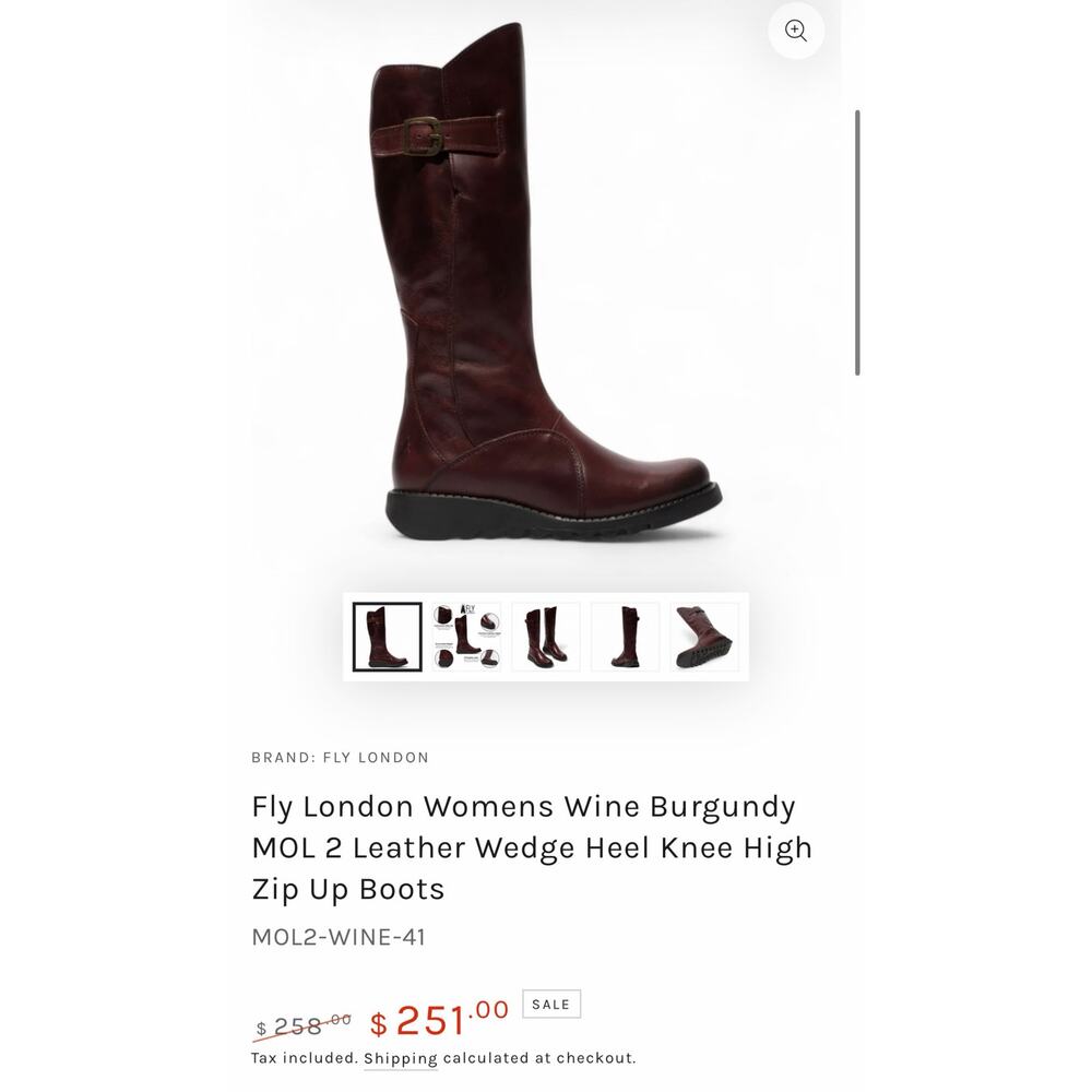 FLY LONDON KNEE HIGH WEDGE BOOTS MOL 2 WINE BERGUNDY WOMEN SIZE US 8.5/EU39 - Picture 2 of 11